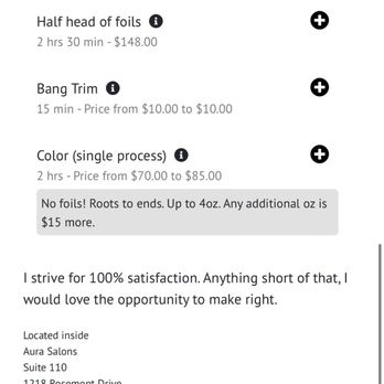 Aura Salons - Her ACTUAL pricing at the time service was rendered. $70-$85.00. - Hair Salons Near Me - Fort Mill, South Carolina Aura Salons - Her ACTUAL pricing at the time service was rendered. $70-$85.00. - Hair Salons Near Me - Fort Mill, South Carolina