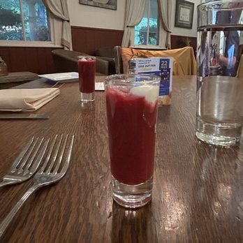 Chautauqua Dining Hall - Our glasses if Beet Borscht - American Near Me - Boulder, Colorado