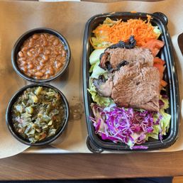 Brisket salad, beans and collards