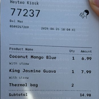 Heytea - Kiosk receipt - Bubble Tea Near Me - San Diego, California Heytea - Kiosk receipt - Bubble Tea Near Me - San Diego, California
