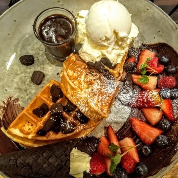 Desserts by Night - Belgian waffle with dark chocolate sauce and vanilla ice cream - Coffee & Tea Near Me - Maribyrnong, VIC