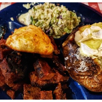 Bennett's Pit Bar-B-Que - Burnt ends with a baked potato and Cole slaw. - Barbeque Near Me - Pigeon Forge, Tennessee Bennett's Pit Bar-B-Que - Burnt ends with a baked potato and Cole slaw. - Barbeque Near Me - Pigeon Forge, Tennessee