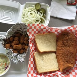 Swansea Fish Stand - Most amazing. Catfish filet, fried okra, cole slaw & onions/pickles.