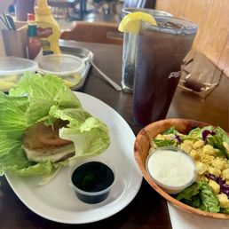 Pineapple teriyaki  burger no bun just like I wanted! Side salad and iced tea.