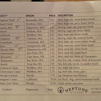 Neptune Oyster - Oyster menu - Seafood Near Me - Boston, Massachusetts