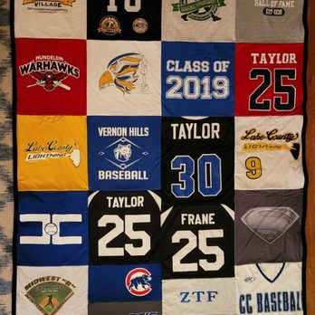 Monogram Specialties - T-Shirt Memory Blanket out of baseball and football jerseys & tshirts. - Embroidery & Crochet Near Me - Libertyville, Illinois Monogram Specialties - T-Shirt Memory Blanket out of baseball and football jerseys & tshirts. - Embroidery & Crochet Near Me - Libertyville, Illinois