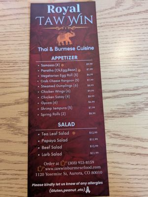 Menu photo 2 Royal Taw Win Thai & Burmese Restaurant Denver, CO