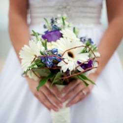 Aleen Floral Design - Spring Bridal Bouquet of gerbera daisies, lisianthus, delphinium, and curly willow captured by Like a Dream Photography.