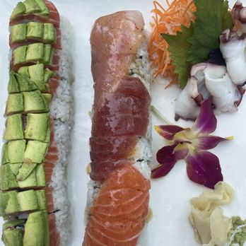 Chiba - (L) Bridgewater Specialty Roll - 10 pcs, w/avocado on top; (R) Mardi Gras Specialty roll - 10 pcs - Sushi Bars Near Me - Westfield, Indiana