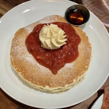 Cafe De Olla - Fruity pancake, strawberry compote Bacon & eggs served on the side. - American Near Me - Monrovia, California Cafe De Olla - Fruity pancake, strawberry compote Bacon & eggs served on the side. - American Near Me - Monrovia, California