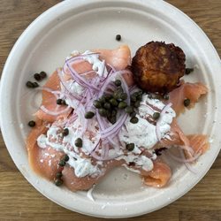 Latke Love - Manhattan - smoked salmon, shaved red onion, capers, and dill cream. If they bottled the dill cream I'd eat it on everything!