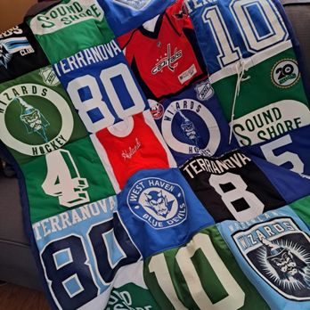 Pat’s Perfect Fit - Sport jerseys make great lap throws. Numbers and logos were used to made a wonderful Christmas gift for one young man. - Sewing & Alterations Near Me - Trumbull, Connecticut Pat’s Perfect Fit - Sport jerseys make great lap throws. Numbers and logos were used to made a wonderful Christmas gift for one young man. - Sewing & Alterations Near Me - Trumbull, Connecticut