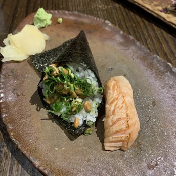 Izakaya Uosan - Natto w/ Negi Temaki, Aburi Salmon Nigiri (2pc, missing one since I couldn't wait to try) - Izakaya Near Me - Honolulu, Hawaii Izakaya Uosan - Natto w/ Negi Temaki, Aburi Salmon Nigiri (2pc, missing one since I couldn't wait to try) - Izakaya Near Me - Honolulu, Hawaii