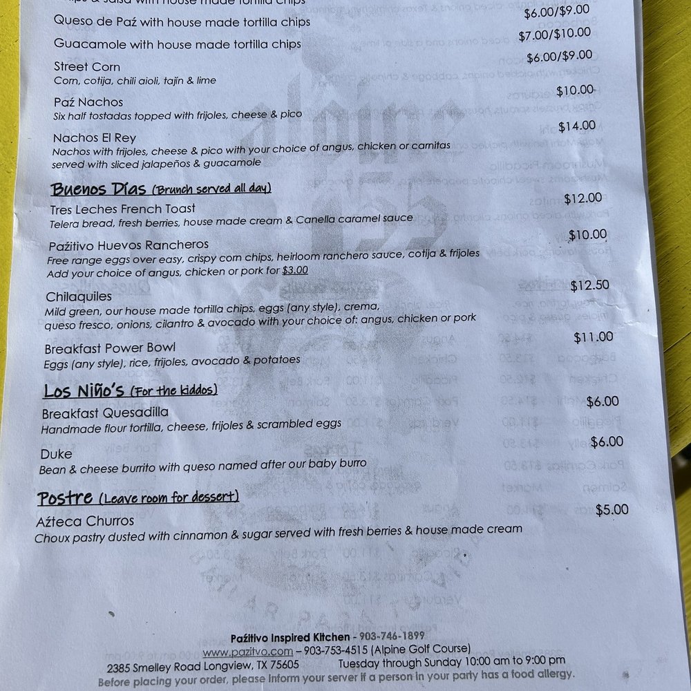 Pazitivo Inspired Kitchen - Menu - Mexican Near Me - Longview, Texas