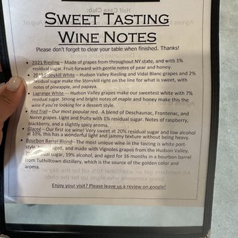 Whitecliff Vineyard - Sweet tasting fact sheet - Wineries Near Me - Hudson, New York