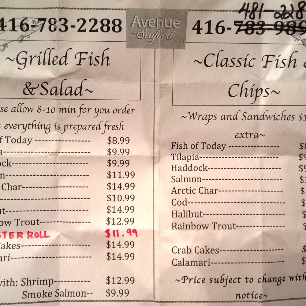 Avenue Seafood - the price list for the restaurant - Seafood Markets Near Me - North York, Ontario