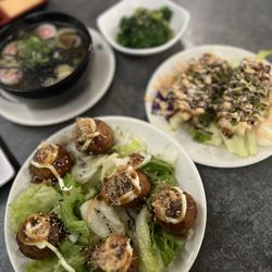 Maki Yaki 22 - Takoyaki, half bowl of udon, seaweed salad, and heart attack appetizer.
