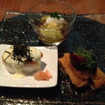 Wakuriya - Clockwise from top: eggplant, tonkatsu, uni sushi - Japanese Near Me - San Mateo, California