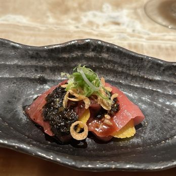 Flyfish Club - Blue Fin Tuna w/ charred spring onion soy, smoked takuan, and scallion - Bars Near Me - New York, New York