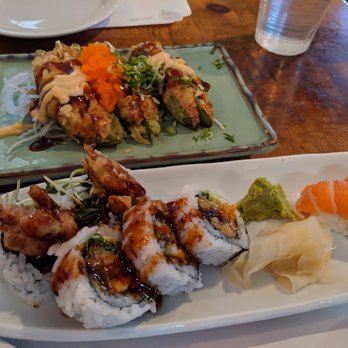 Kohnami - top: hot attack | bottom: spider roll, x2 sake sushi, x1 unagi sushi - Japanese Near Me - Santa Fe, New Mexico