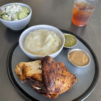 Chook - Chook For You with mashers and gravy and chimichurri sauce, plus cucumbers and iced tea. - Chicken Shop Near Me - Greenwood Village, Colorado Chook - Chook For You with mashers and gravy and chimichurri sauce, plus cucumbers and iced tea. - Chicken Shop Near Me - Greenwood Village, Colorado