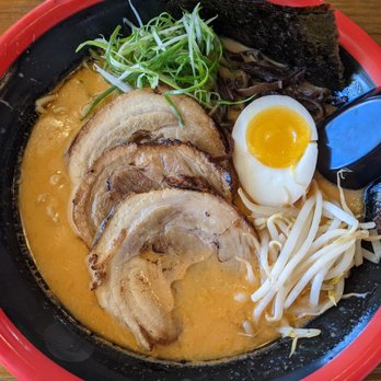 Hanano Ramen - Pork, spicy miso base, wood mushrooms, green onions, half an eggie, bean sprouts, and seaweed :) - Ramen Near Me - Orange, California