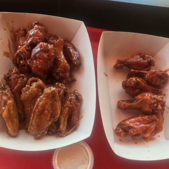 ATL Wings - Lucky Sweet Red to the right ( the best) Teriyaki & Honey Habanero to the left. - Chicken Wings Near Me - Chandler, Arizona