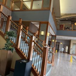 Bally's Evansville Casino & Hotel - Lobby.  Nothing fancy, very underwhelming. And a cleaning rag just left randomly on the bottom pedestal with no staff around!
