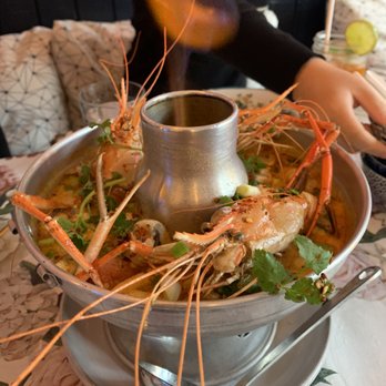 Thai Table  - Tom Yum with big head fresh water prawns (mini hotpot) - Thai Near Me - Berkeley, California