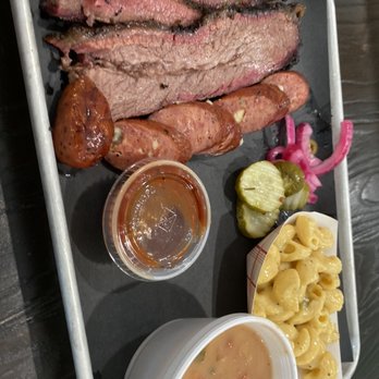 Agape BBQ - Moist brisket, sausage, beans abs Mac and cheese!  Let's just say it went quickly. - Barbeque Near Me - Liberty Hill, Texas