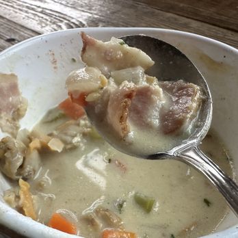 Foreigner - The bacon in the clam chowder. Note that the cashier had said it was bacon free when ordering it - Breakfast & Brunch Near Me - San Mateo, California