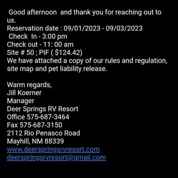 Deer Springs RV Resort - Proof of site reservation, that they claim they don't do. - RV Parks Near Me - Mayhill, New Mexico Deer Springs RV Resort - Proof of site reservation, that they claim they don't do. - RV Parks Near Me - Mayhill, New Mexico