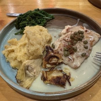 M'tucci's Moderno - Sea Bass with Lemon caper sauce, artichoke hearts, garlic mashed potatoes, and broccolini. Outstanding! - Italian Near Me - Rio Rancho, New Mexico M'tucci's Moderno - Sea Bass with Lemon caper sauce, artichoke hearts, garlic mashed potatoes, and broccolini. Outstanding! - Italian Near Me - Rio Rancho, New Mexico
