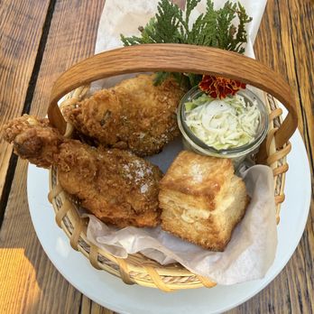 The Lost Kitchen - Cornflake & Fennel Pollen Fried Chicken - Cabbage Slaw, Homemade Biscuit & Honey Butter - Salad Near Me - Freedom, Maine The Lost Kitchen - Cornflake & Fennel Pollen Fried Chicken - Cabbage Slaw, Homemade Biscuit & Honey Butter - Salad Near Me - Freedom, Maine