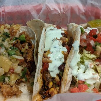 Macon Street Tacos - This temptingly titillating taco trio tantalized thine taste buds to the threshold. (l) Pork al Pastor, (m) Portabella, (r) Cajun Fish - Tacos Near Me - McDonough, Georgia Macon Street Tacos - This temptingly titillating taco trio tantalized thine taste buds to the threshold. (l) Pork al Pastor, (m) Portabella, (r) Cajun Fish - Tacos Near Me - McDonough, Georgia
