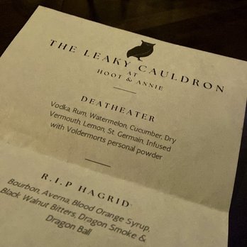 Hoot & Annie - Harry Potter Special Drink Menu (came in an envelope with a wax seal style sticker like Hogwarts letters in the movie) - Cocktail Bars Near Me - Round Rock, Texas Hoot & Annie - Harry Potter Special Drink Menu (came in an envelope with a wax seal style sticker like Hogwarts letters in the movie) - Cocktail Bars Near Me - Round Rock, Texas