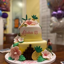 Cupcake and Things Bakery - Two tier Aloha cake made with fondant.