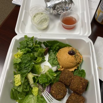 Greco Fresh Grille - Falafel Platter with salad and pita + hummus (I had already started digging in prior to the pic) - Mediterranean Near Me - Charlotte, North Carolina Greco Fresh Grille - Falafel Platter with salad and pita + hummus (I had already started digging in prior to the pic) - Mediterranean Near Me - Charlotte, North Carolina