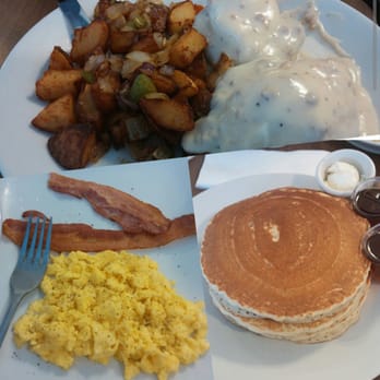 Orange Cafe Bistro - Country benedict with home fries and 3 pancakes combo with bacon and eggs. - Breakfast & Brunch Near Me - Orange, California