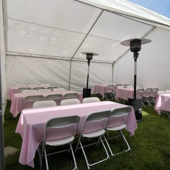 Los Tres Party Rentals - Tent, chairs, tables and 2 heat lamps. They provided the pink linen as well. - Party Equipment Rentals Near Me