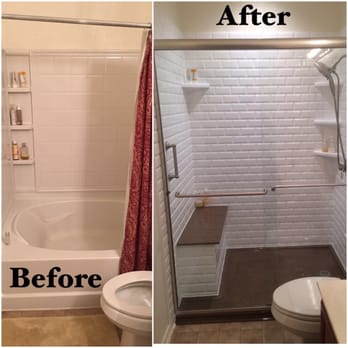 Re-Bath - Rebath White Classic Subway wall system, Chestnut Custom Onyx Shower with bench seat & Brushed Nickel Shower Door - General Contractors Near Me - Temple, Texas Re-Bath - Rebath White Classic Subway wall system, Chestnut Custom Onyx Shower with bench seat & Brushed Nickel Shower Door - General Contractors Near Me - Temple, Texas
