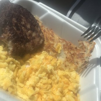 Donna Kaye's Cafe - Sasuage and egg breakfast with hashbrowns and cheesy eggs - American Near Me - Bakersfield, California