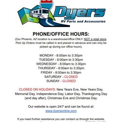 Dyer's RV Parts and Accessories - Phone/Office Hours. NOT A RETAIL STORE.
