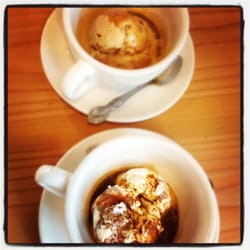 Affogato on opening day. Top scoop is cinnamon snicker doodle, bottom is rhubarb/star anise crumble.