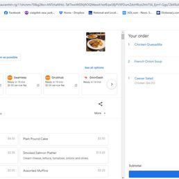 The image displays an online food order from 35 Avenue Diner in Queens, NY, with options for pickup and delivery. The order includes a chicken quesadilla, French onion soup, and Caesar salad, with prices listed. The menu features breakfast items like bagels, muffins, and pancakes, along with other breakfast and baked goods. Delivery services from Grubhub and DoorDash are available, with estimated wait times and fees. The subtotal for the order is $41.20, and a checkout button is visible.