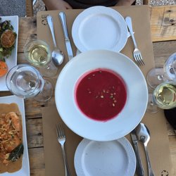 Emmax - Soup of the day, langoustines in a Thai peanut sauce and falafel. Mouth water