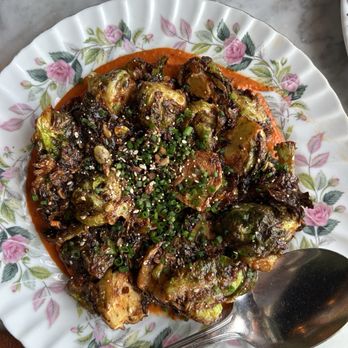 Checker Hall - Brussels Sprouts (vegetarian, can be made vegan without chili honey) - Mediterranean Near Me - Los Angeles, California