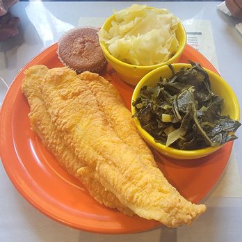 Mama J's Kitchen - 2 piece fried catfish, collard greens, cabbage, corn muffin - Soul Food Near Me - Richmond, Virginia