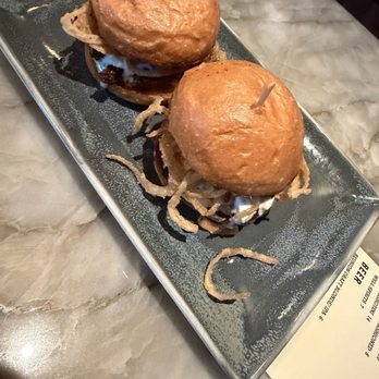 Reunion Kitchen + Drink - Blue cheese sliders with fried onions needed some sauce, but not bad. - New American Near Me - Brea, California Reunion Kitchen + Drink - Blue cheese sliders with fried onions needed some sauce, but not bad. - New American Near Me - Brea, California