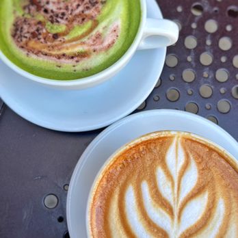 Urth Caffé - Orange - Spanish Latté Medium and Rising Sun Matcha Latté™ Medium - Coffee & Tea Near Me - Orange, California Urth Caffé - Orange - Spanish Latté Medium and Rising Sun Matcha Latté™ Medium - Coffee & Tea Near Me - Orange, California